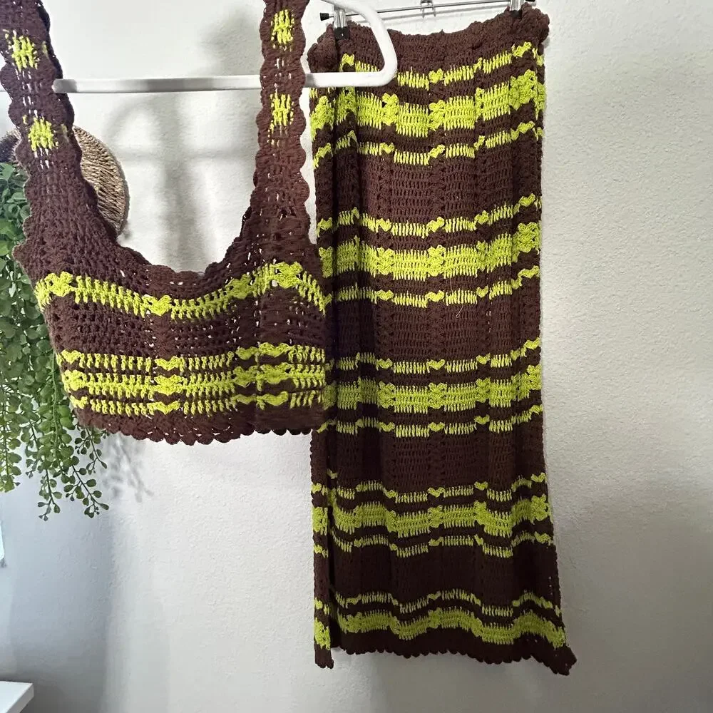 NEW Free People Donni Sweater Set Natural Brown Green Size Small Y2K Retro Boho